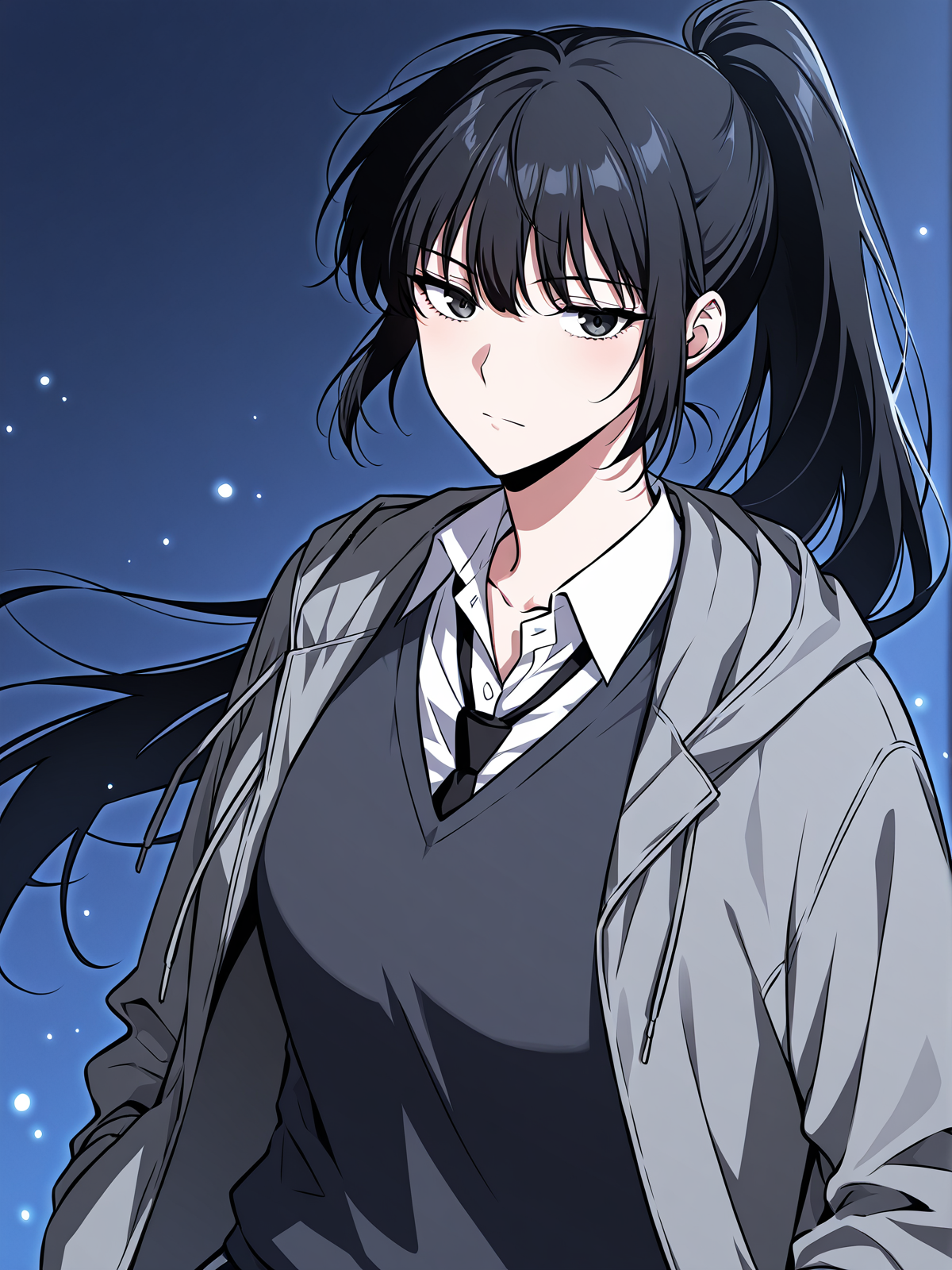 <lora:Omniscient_Readers_Viewpoint__Lee_Jihye:1>
1girl, solo, long hair, black hair, tied hair, high ponytail, black eyes, messy bangs, 
gray hoodie, school uniform, white shirt, black tie, dark gray sweater vest, navy blue track pants, white stripe pants, white sneakers, casual and uniform mix, layered clothing,
score_9, score_8_up, score_7_up, score_6_up, source_anime, rating_explicit, masterpiece, best quality, intricate details, gothic fantasy, upper body portrait, dramatic pose, confident gaze, cinematic lighting, clean background, glowing magical particles, detailed face, vibrant colors