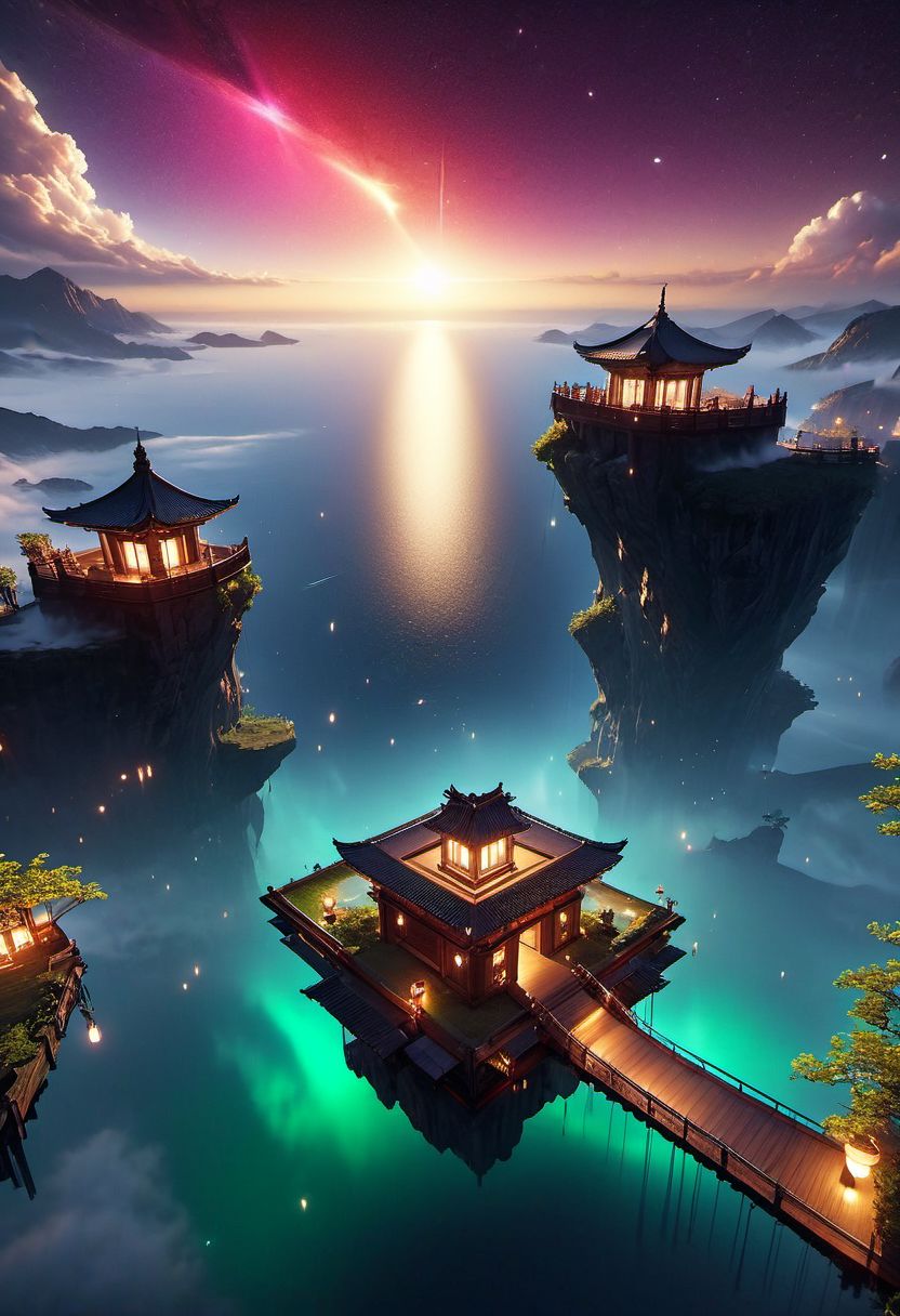 WLOP art style, unreal engine 5 style, outdoors, The island floating in the air, sky gate,  human, bulding night, meteor star aurora , (low light), top-down view, firefly -ar 9:16, high saturation, high contract, gold silver