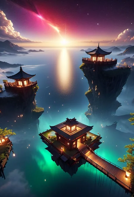 WLOP art style, unreal engine 5 style, outdoors, The island floating in the air, sky gate, human, bulding night, meteor star aurora , (low light), top-down view, firefly -ar 9:16, high saturation, high contract, gold silver