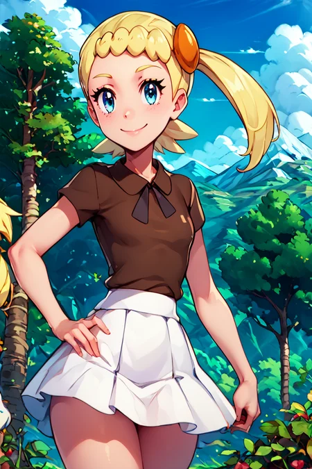 score_9, score_8_up, score_8, medium breasts, (curvy), cute, eyelashes, ,,, , ,,, zzBonnie, blue eyes, blonde hair, hair ornament, short hair, side ponytail, brown shirt, white skirt, <lora:Bonnie_Pokemon_PDXL:1.0> ,,,, BREAK, looking at viewer, smile, outdoors, sky, day, cloud, tree, blue sky, mountain, cowboy shot, ,,, embedding:zPDXL, Expressiveh, ,,, <lora:Alola_Style_PDXL:0.8>, <lora:CatalystStylePDXL:0.8>, <lora:Expressive_H-000001:0.4>,