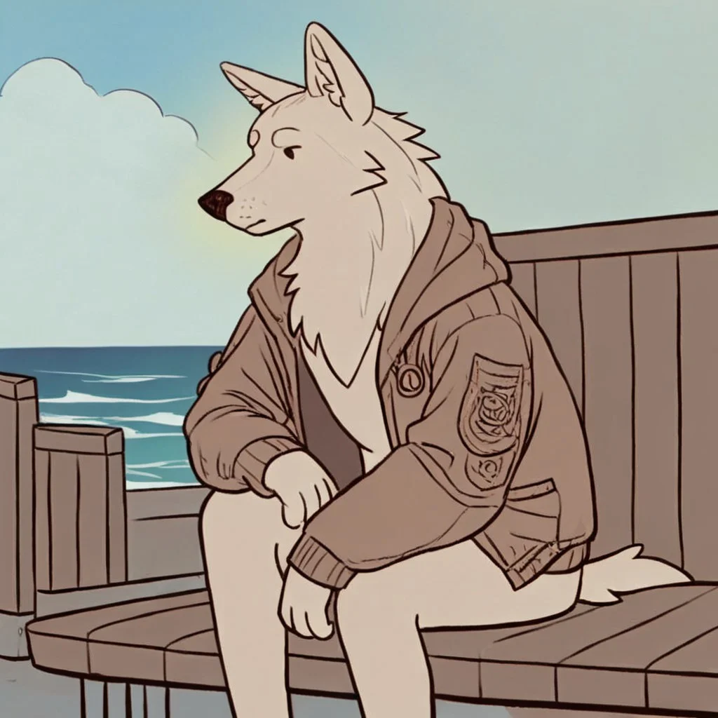 source_furry, dog wearing a brown jacket sitting on a bench, ocean in background, sunny, day, blue sky, <lora:Test 1:0.7>, score_9, score_8_up, score_7_up,