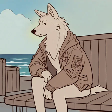 source_furry,  dog wearing a brown jacket sitting on a bench, ocean in background, sunny, day, blue sky, <lora:Test 1:0.7>, score_9, score_8_up, score_7_up,