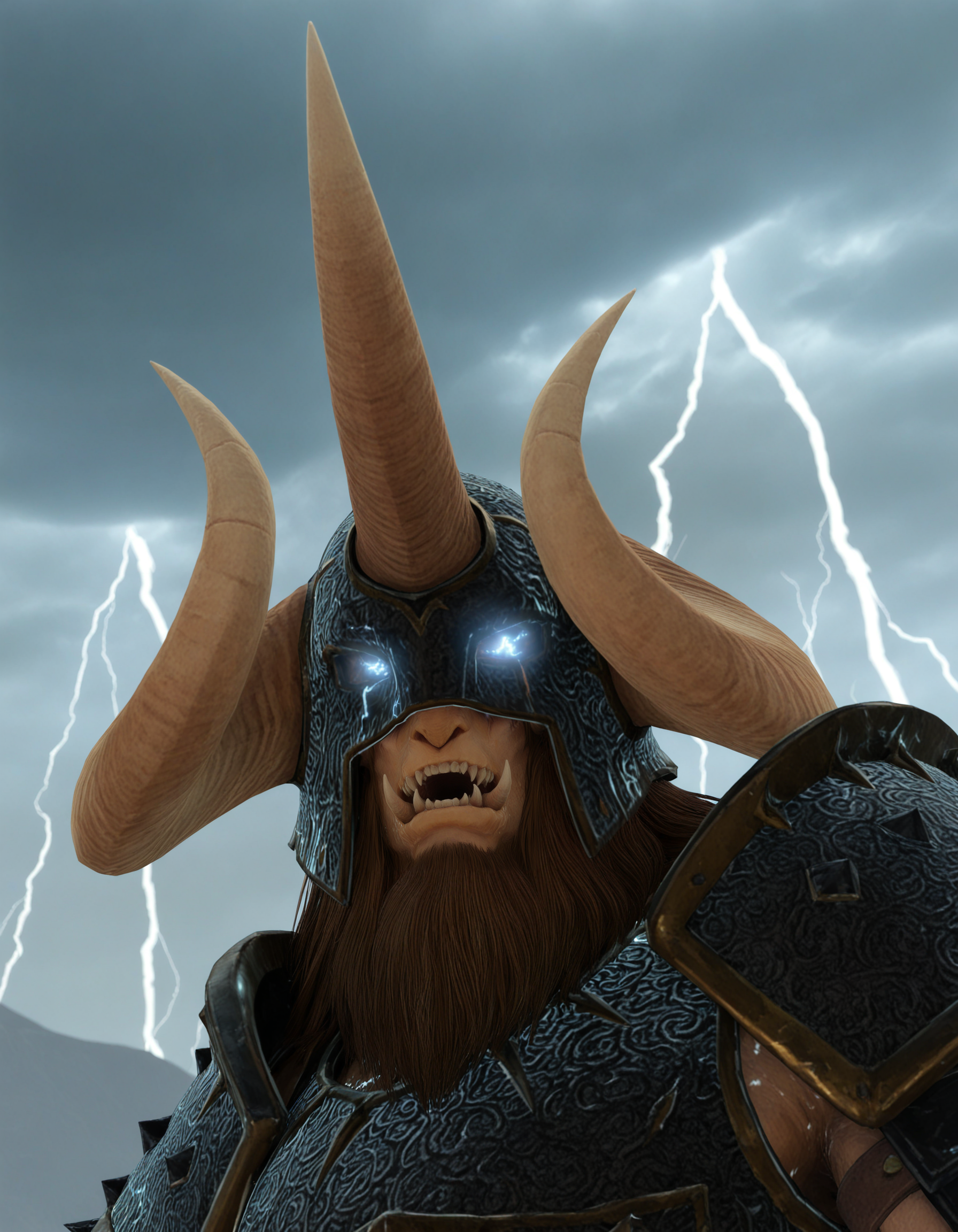 masterpiece, good quality, best quality, solo, lightning, storm, electricity, glowing eyes,
KholekSuneater, male focus, armor, horns, close-up, 
 <lora:KholekSuneater_Vpred:0.8>