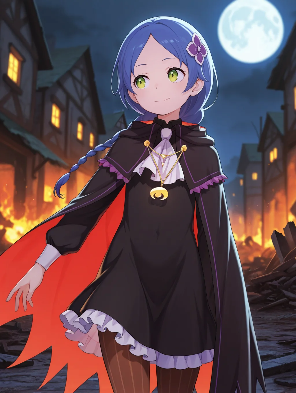 <lora:Meili Illu_1:1>1girl, solo,
4ssassinmeili, blue hair, green eyes, long hair, single braid,
black dress, brown pantyhose, vertical-striped pantyhose, frills, white ascot, black cloak, cape, two-sided fabric, crescent pendant, flower hair ornament,
standing, looking to the side, full moon, night, burning village, closed smile, ruined buildings, depth of field, cowboy shot,, masterpiece, best quality, amazing quality