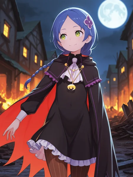 <lora:Meili Illu_1:1>1girl, solo,
4ssassinmeili, blue hair, green eyes, long hair, single braid,
black dress, brown pantyhose, vertical-striped pantyhose, frills, white ascot, black cloak, cape, two-sided fabric, crescent pendant, flower hair ornament,
standing, looking to the side, full moon, night, burning village, closed smile, ruined buildings, depth of field, cowboy shot,, masterpiece, best quality, amazing quality