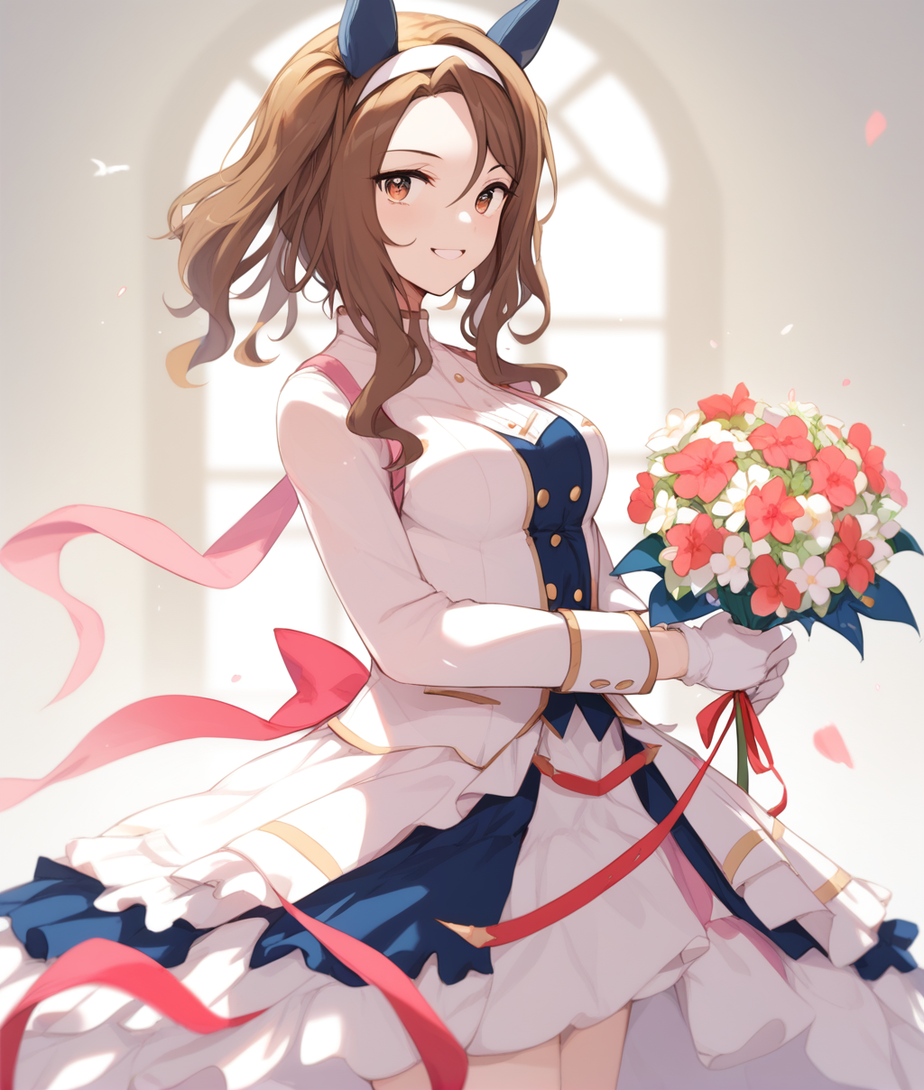 score_9, score_8_up, score_7_up, 2D, anime BREAK
noble_white_cheer_attire, 1girl, solo, long hair, smile, bangs, brown hair, gloves, dress, holding, animal ears, flower, white gloves, official alternate costume, horse ears, horse girl, horse tail, bouquet, holding bouquet, ear covers, 
<lora:King Halo-ponyXL:1>,