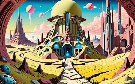 <lora:Projext_X2:0.6>acid-art, trippy, (surrealism art designed by Paul Nash:1.2) , landscape of a Galactic Outskirts, very Traditional and Ancient, dungeon in background, Masterpiece, Dieselpunk, CMYK Colors, full color, beautiful composition, pure, extremely stylish, great composition, professional creative, winning, ambient atmosphere