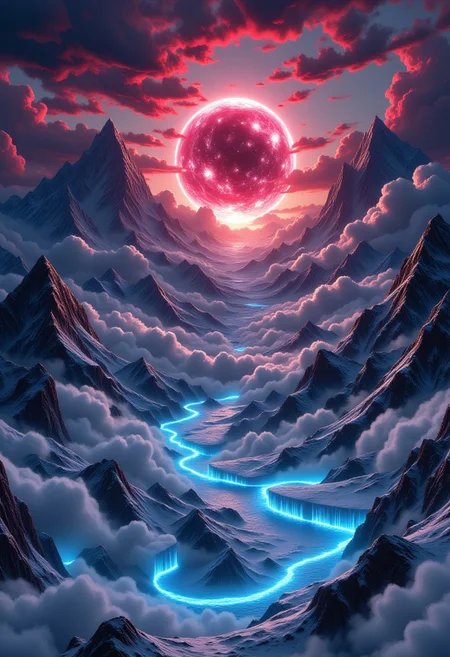 Masterpiece,best quality,highresolution,very aesthetic,colored ink,(((scenery))),alienworld,vibrant colors,bright colors,studio light,
isometric view,vieew from mountain top,cloud coverage, Light pillars,ice pillars,