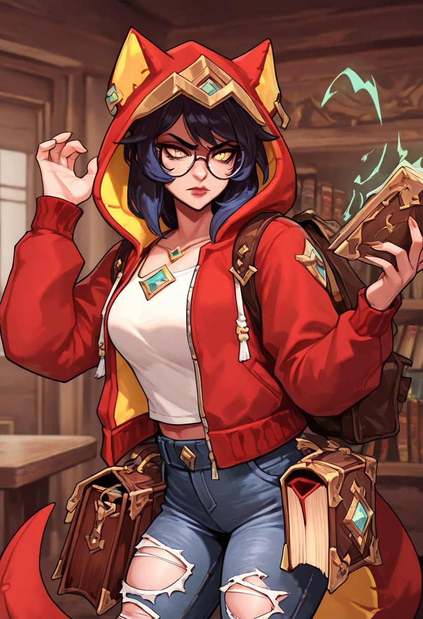 masterpiece, best quality, newest, absurdres, highres, 
TTCSV1.0, 1girl, RKTTAV1.1, hood, red hoodie, glasses, yellow eyes, book, hood up, red jacket, pants, jacket, torn clothes, torn pants, jeans,