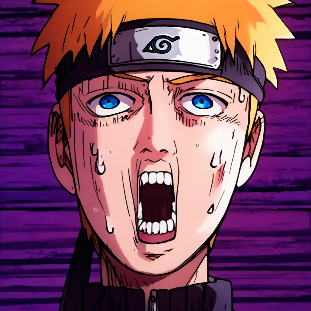 score_9, score_8_up, score_7_up, score_6_up, score_5_up, score_4_up, <lora:Naruto:0.8> uzumaki_naruto, blonde hair, forhead protector, konohagakure symbol, whisker markings, blue eyes, jacket, orange pants, <lora:Mob_Psycho_funny_face-000008:1>, mob_psycho_funny_face, male focus, open mouth, snot, exaggerated expression, impact lines, teeth, sweat, meme parody, Distorted purple background