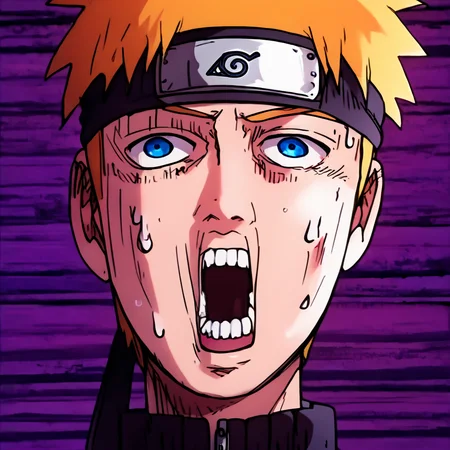 score_9, score_8_up, score_7_up, score_6_up, score_5_up, score_4_up, <lora:Naruto:0.8> uzumaki_naruto, blonde hair, forhead protector, konohagakure symbol, whisker markings, blue eyes, jacket, orange pants, <lora:Mob_Psycho_funny_face-000008:1>, mob_psycho_funny_face, male focus, open mouth, snot, exaggerated expression, impact lines, teeth, sweat, meme parody, Distorted purple background