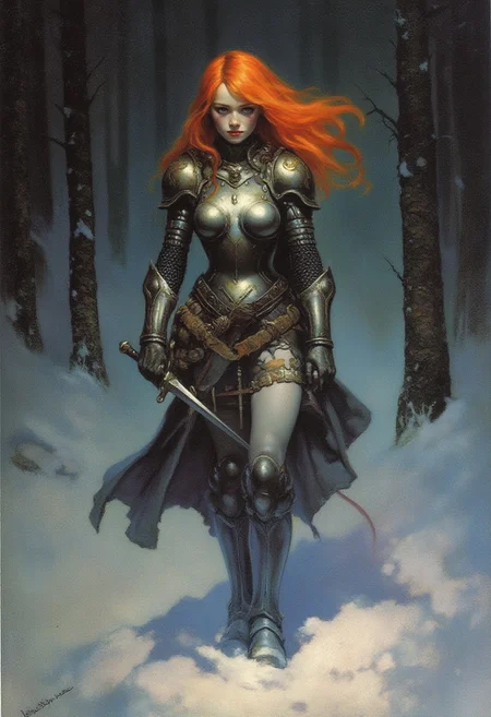 Frank Frazetta fantasy oil painting,  a young woman with pale skin and bright red hair, wearing heavy steel knight armor, in a snowy dark forest