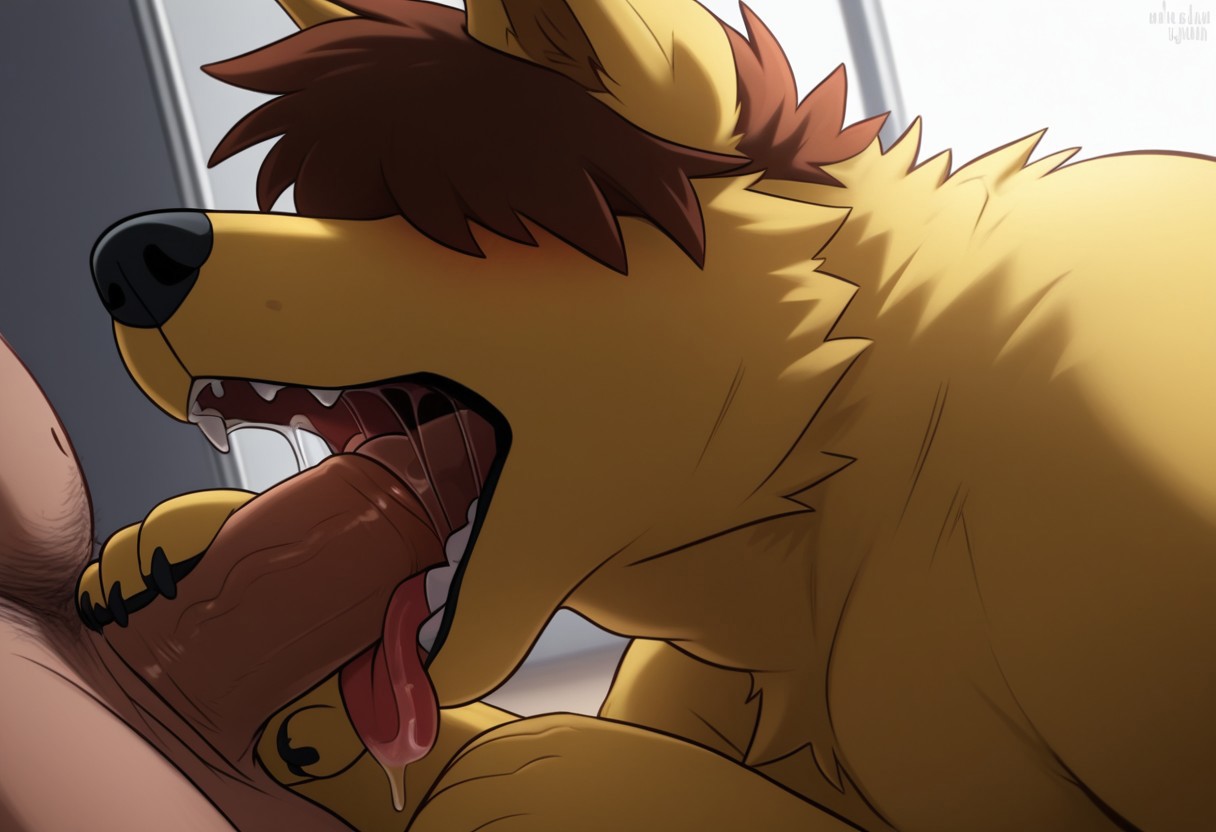 cartoon, man, furry, furry male, solo, fat, no eyes, hair covering her eyes, animal ears, dog body, dog ears, yellow skin, chin on the double chin, blowjob, detail background, 4k, masterpiece, best quality, highly detailed, blowjob to human, human penis spectator, open mouth, tongue out, penis on tongue focus, oral penetration, open mouth view focus, show side view focus, show up angle view, face focus, penis on mouth, close-up view, penis on front face, flushed face, thick penis, side view, up angle focus, mouth wide open, mouth open, grab penis spectator, excess saliva in the mouth