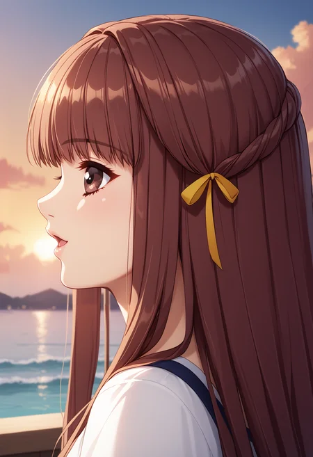 score_9, score_8_up, score_7_up, BREAK  <lora:Maika:1>, maika, 1girl, photo (object), yellow hair ribbon, long hair, sidelocks, straight hair, sunset, profile, brown hair, parted lips, portrait, from side, brown eyes, open mouth, close-up, orange sky