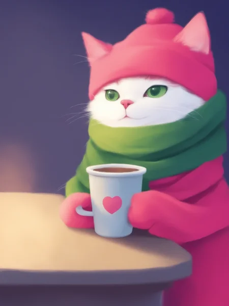 illustraion,A cat wearing a pink hat and a green scarf is holding a cup.<lora:kids:1>