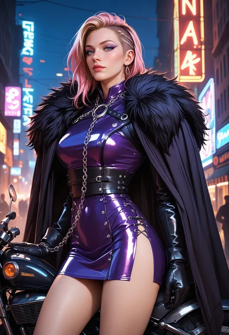 score_9, score_8_up, score_7_up, score_6_up, adult woman, solo, L4DY , Neon punk biker on a cyber-enhanced motorcycle, wearing a reflective jacket with LED accents, side fade with neon streaks, digital art by Syd Mead (chain leash), purple dress, cincher, armor, cloak, fur trim, gloves, <lora:LOW-60-PDXL:0.8>
