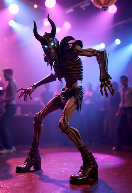 A semi-realistic undead Draugr with decayed, fleshy features, glowing blue eyes, and a rusted horned helmet with long, close-set horns, dancing confidently on a brightly lit nightclub floor. The Draugr wears ancient, weathered armor, hilariously paired with shiny, flashy dance boots that reflect the colorful lights of the spinning disco ball overhead. Its decayed yet imposing form strikes a bold dance pose, surrounded by vibrant club lighting and a foggy, energetic atmosphere. At the top of the image, large, bold text in clean, bright colors (not neon) reads clearly and prominently: 'I’ve got the moves like Draugr!' ensuring it stands out and adds humor to the scene without being obscured