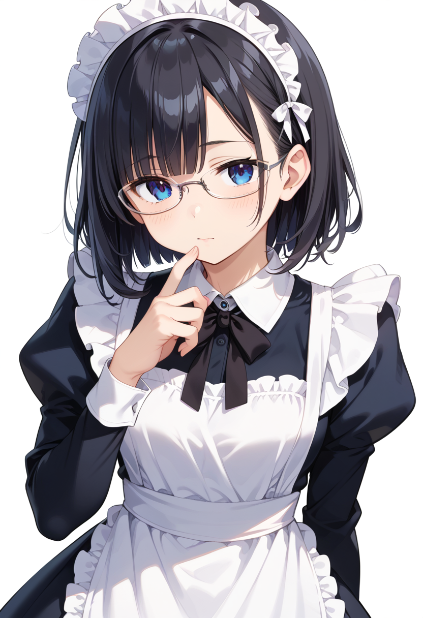 score_9, score_8_up, score_7_up, rating_safe, masterpiece, best quality, absurdres, unity 8k wallpaper, official art, official style, source_anime, uncensored, game cg, megami magazine,
1girl, solo, black hair, medium hair, upper body, covered eyes,maid, maid headdress, black dress, maid apron, face focus,
underrim_metal, glasses, still life, white background, simple background, under-rim eyewear, grey-framed eyewear, 
 <lora:glasses_underRimMetal_PONY_V1:1>