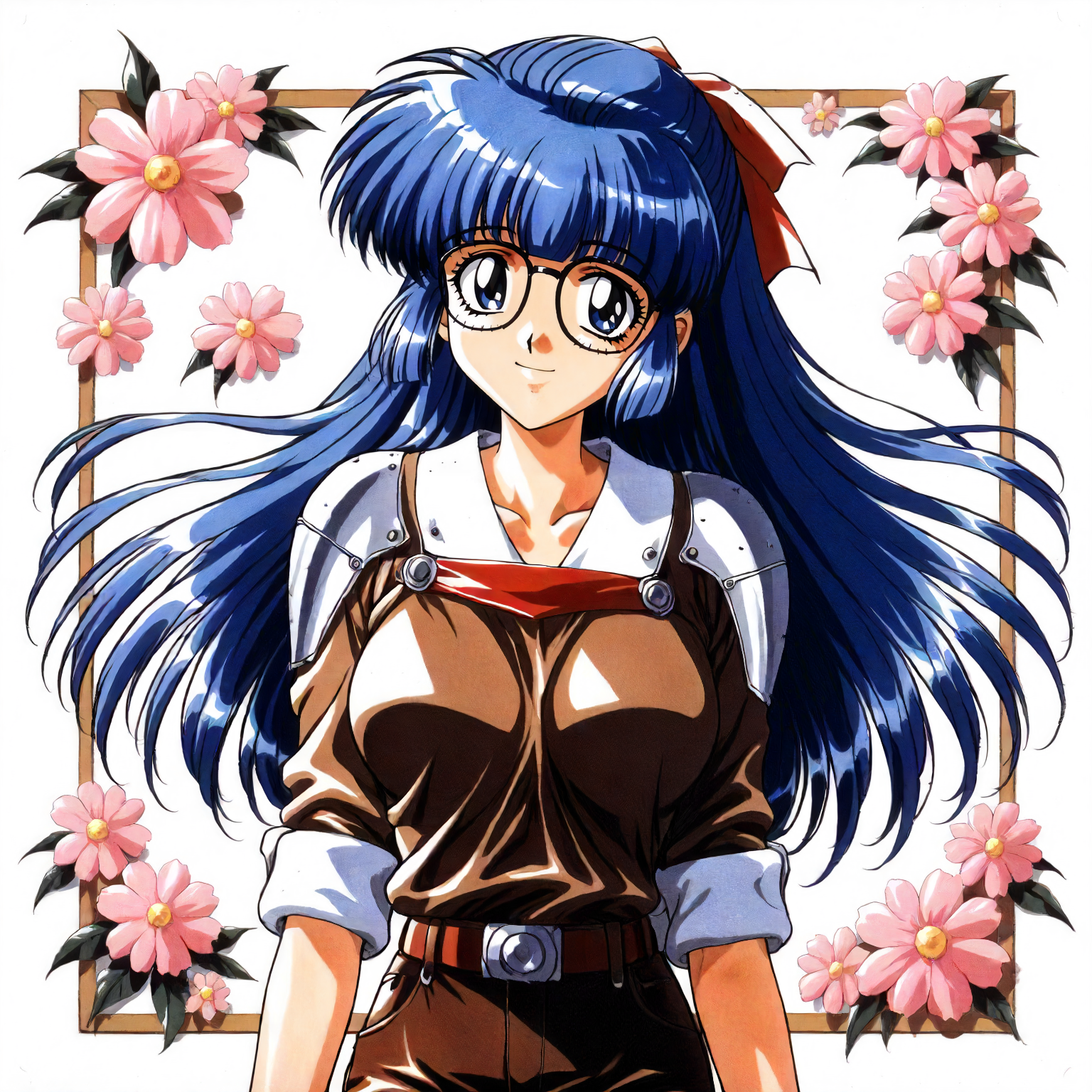 <lora:RC_maria_custardXLanimagine001>,
masterpiece,high score,great score,absurdres,
flower background,glitter,
smile,
looking at viewer,
solo,
anime coloring,retro artstyle,1990s (style),
maria_custard\(rance_series\),1girl,blue hair,half updo,hair ribbon,long hair,blue eyes,glasses,
brown shirt,wide collar,silver shoulder pad,sleeves rolled up,
brown shorts,
cowboy shot,
standing,