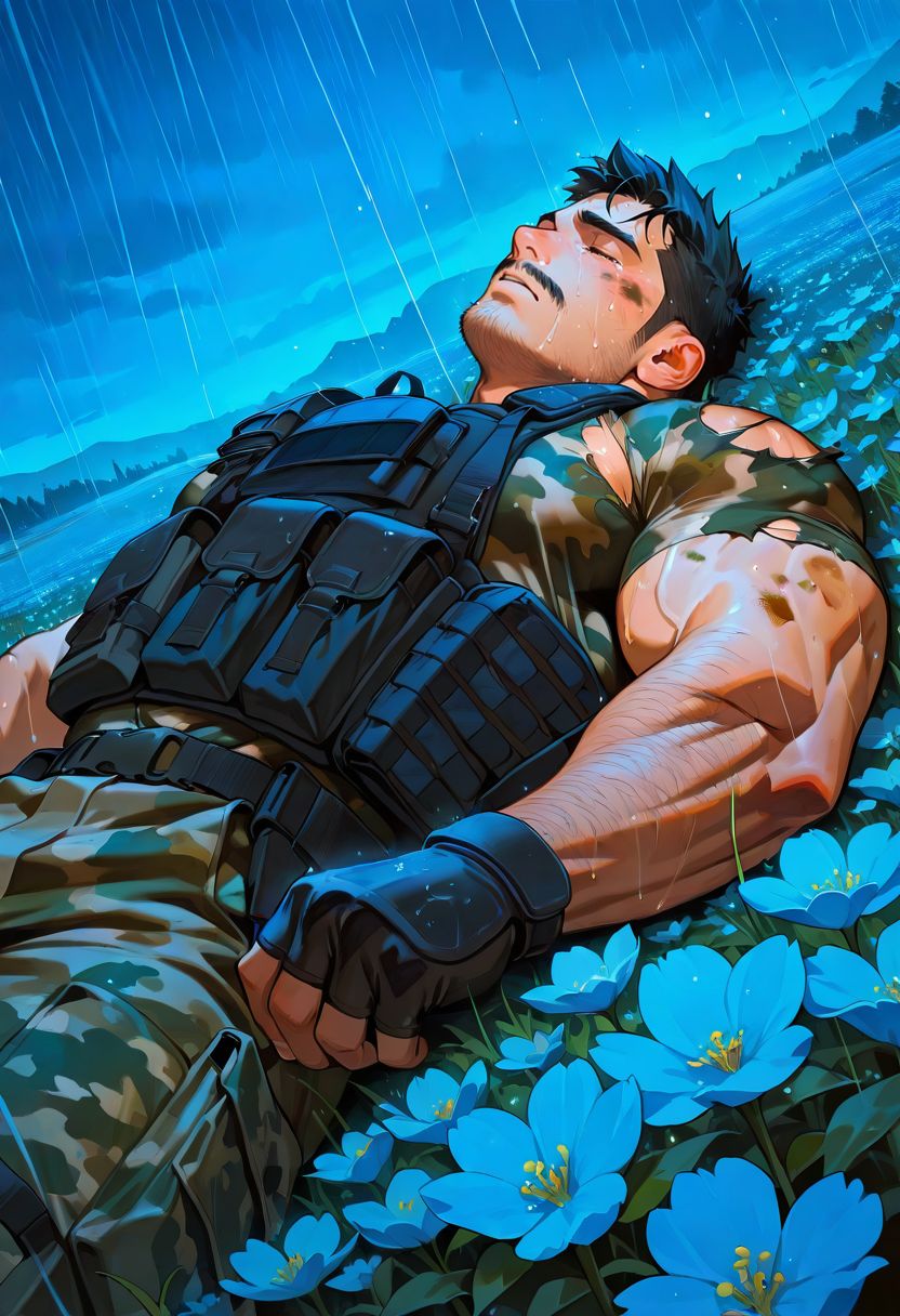 1boy,bara,muscular male,stubble,
closed eyes,black hair,long sideburns,hairy,mustache,dirty face,tears,face up,
torn clothes,tactical clothes,camouflage,fingerless gloves,lying on back,from below,cowboy shot,dutch angle,close-up,
rain,lying on flower,flower field,blossoms,landscape,scenery,light particles,nature,painterly,shadow,
very awa,masterpiece,best quality,absurdres,newest,perfect quality,detailed background,intricate details,blue theme,
<lora:landscape:1>,<lora:4k:1>,