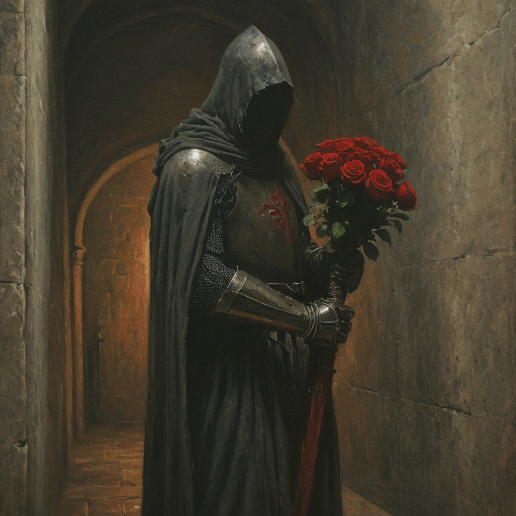 dark fantasy art style, A painting of medieval knight shrouded in dark robes, his head and face obscured by a thick hood, stood in a dimly lit stone corridor. The knight wore a suit of armor with a crimson cloak, holding a sword adorned with a bouquet of red roses, grainy, painterly texture