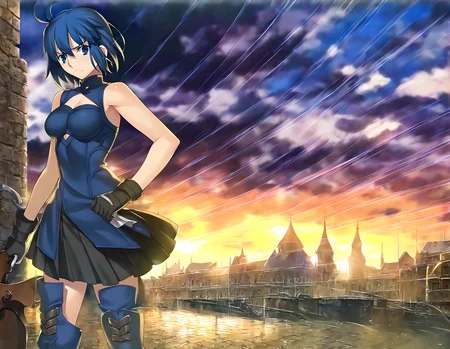 <lora:pony_xl_ciel_v2>,ciel,best quality,masterpiece,super fine illustration,1girl,solo,looking at viewer,bare shoulders,sleeveless,black skirt,pleated skirt,miniskirt,black gloves,thigh boots,blue footwear,blue thighhighs,standing,annoyed,cloudy,rain,streets of medieval europe,devastated city,weapon,