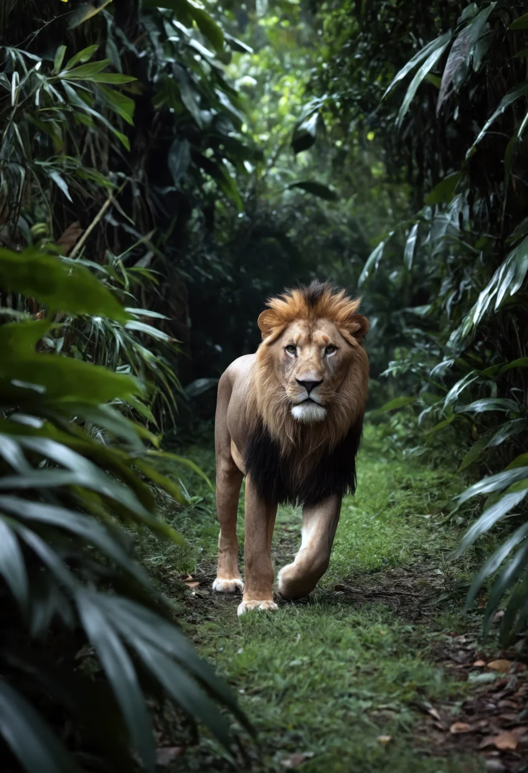 8k, realistic, high-resolution photograph of a lion walking toward the camera, behind leaves, deep jungle, greenery, south american, dark, sharp