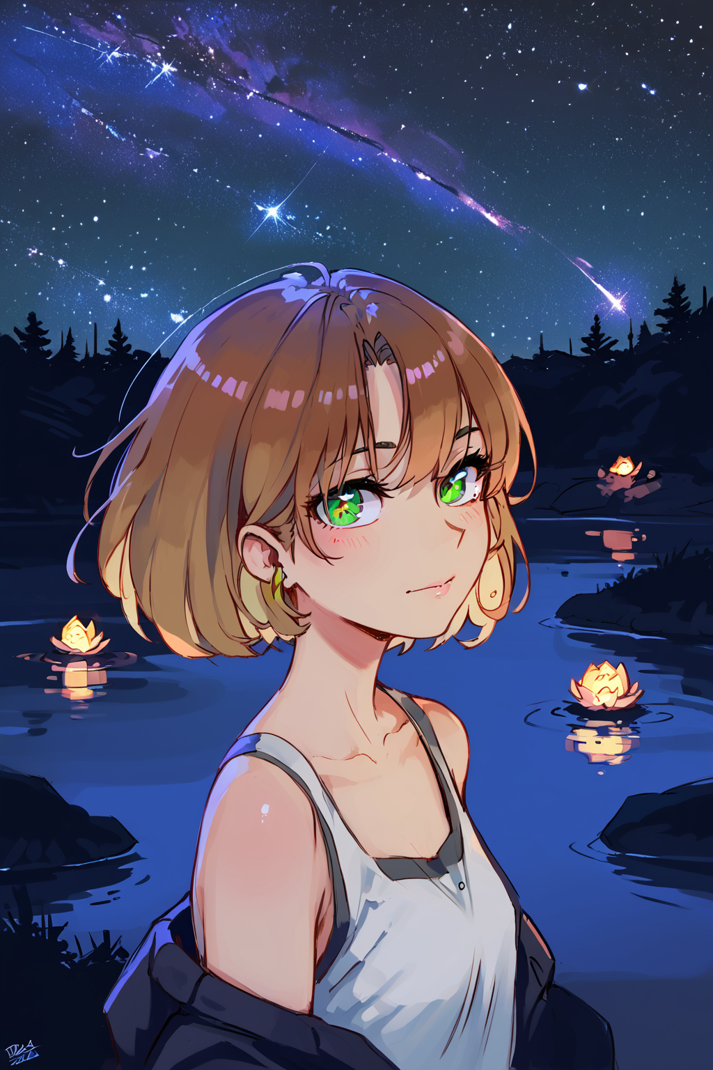 PDXL, source_anime, <lora:MusshuV1:1>, mu55hu, 
giant lake, night sky, stars, galaxies, 
volumetric reflections, volumetric shadows, HDR, shot on Canon DSLR