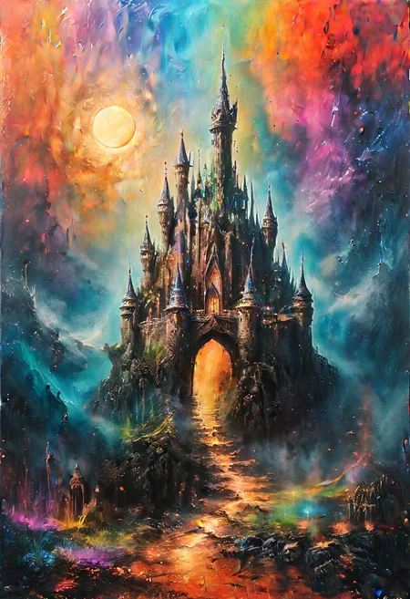 Dynamic view of a holographic magical castle painting, detailed frame, painting looks to be life like, hanging on a wall, magical multicolored ink, high quality, imagination, 8k, fantasy art, vivid magical colors