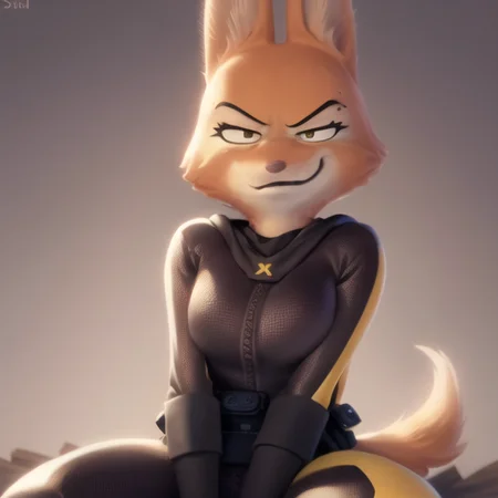 a beautiful and detailed portrait of diane foxington arms crossed sitting on a large pile of gold,orange body, black lips, eyelashes, eyebrow piercing, black bodysuit with yellow trim, belt,zipper,solo,smile, squinting
<lora:dianefoxingtonv5:1>