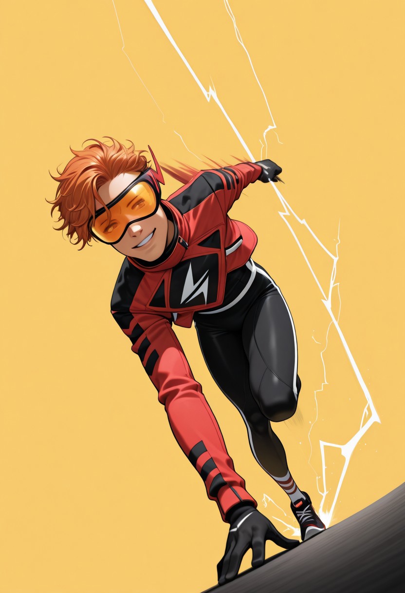 masterpiece, absurdres, high quality, perfect anatomy, 1boy, solo, cute boy, male focus, Mask, Visor, Red Jacket, Chest Symbol, Black Gloves, Black Bodysuit, Black and red Shoes, Ginger Hair, smile, parted lips, running pose, motion blur, motion lines, electricity, red lightning, teasing, cinematic, intricately detailed illustration, depth of field, masterpiece, best quality, amazing quality, very aesthetic, absurdres, newest, very awa,  shadow, dynamic angle, casual cosplay, dynamic pose, simple background, yellow theme,
