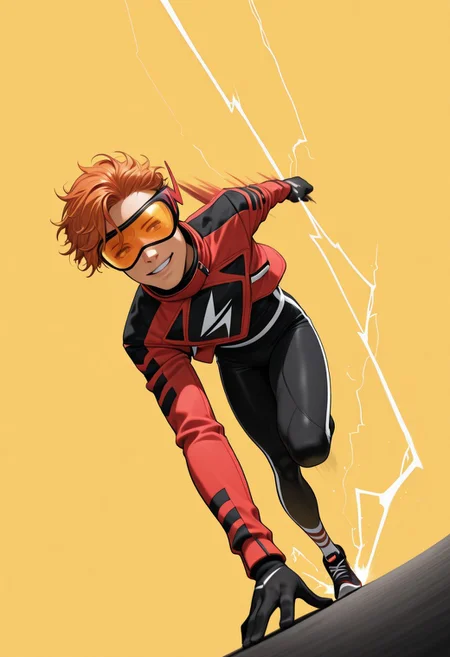 masterpiece, absurdres, high quality, perfect anatomy, 1boy, solo, cute boy, male focus, Mask, Visor, Red Jacket, Chest Symbol, Black Gloves, Black Bodysuit, Black and red Shoes, Ginger Hair, smile, parted lips, running pose, motion blur, motion lines, electricity, red lightning, teasing, cinematic, intricately detailed illustration, depth of field, masterpiece, best quality, amazing quality, very aesthetic, absurdres, newest, very awa,  shadow, dynamic angle, casual cosplay, dynamic pose, simple background, yellow theme,