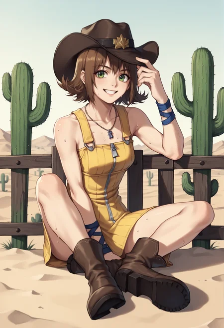 1girl, solo, short hair, brown hair, green eyes, necklace, yellow dress, zipper, wristband, jewelry, boots, sitting, sweat, fence, outdoors, desert, cactus, smile, finger on hat, cowboy hat <lora:Selphie:1>, score_9, score_8_up, score_7_up, score_6_up, score_5_up, score_4_up, BREAK source_anime, masterpiece