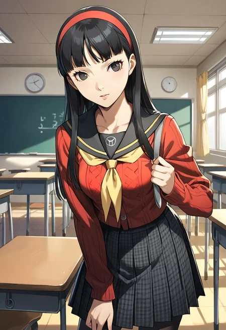 score_9, score_8_up, score_7_up, (source_anime), 1 girl, solo,
Amagi Yukiko, long hair, pleated skirt, black hair, bangs, red cardigan, school uniform, hairband, serafuku, yellow neckerchief, black pantyhose, yasogami school uniform
indoors, classroom, masterpiece, best quality, ultra detailed, absurdres, very aesthetic