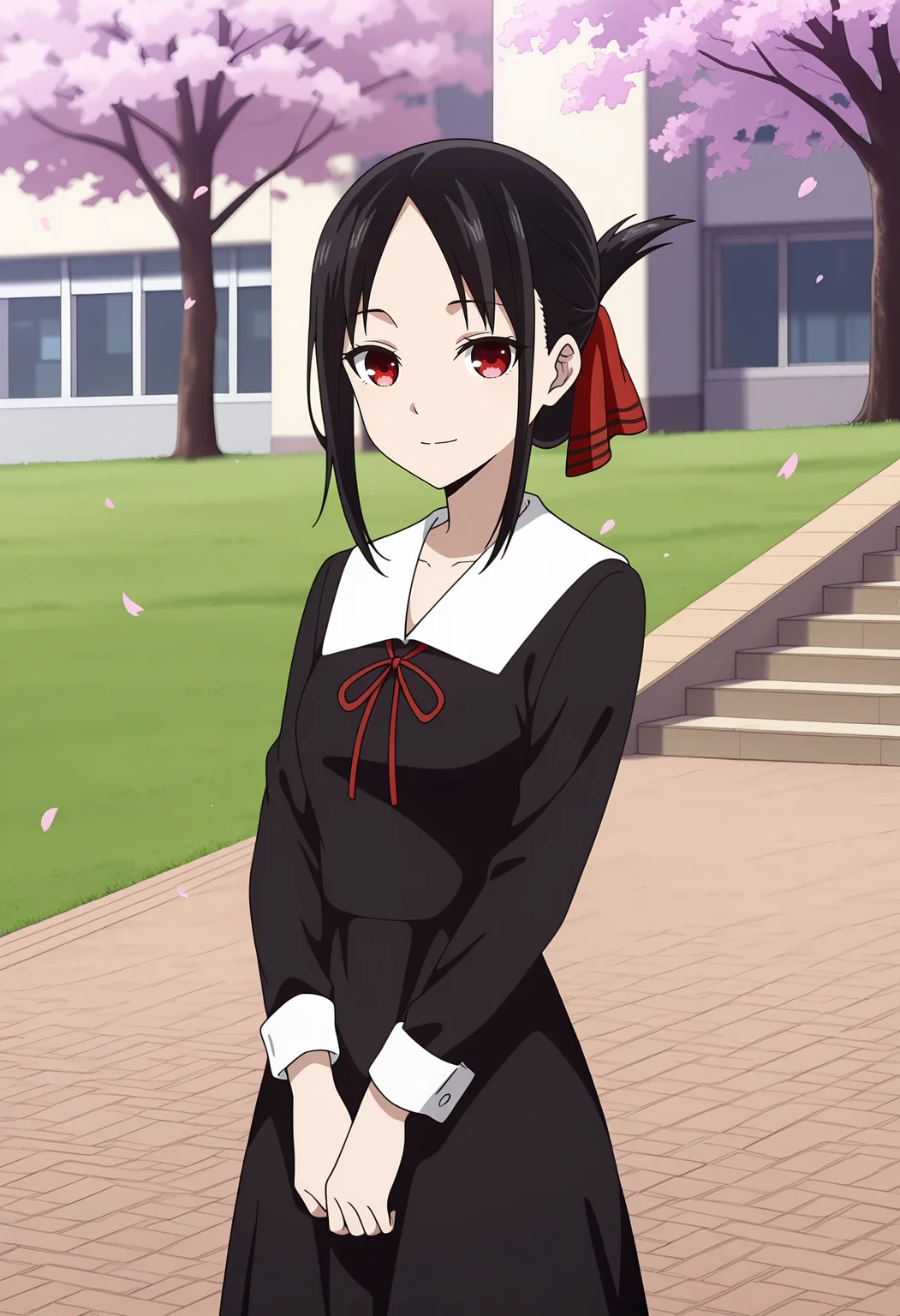 anime screencap, masterpiece, best quality,
<lora:Kaguya-samaWaKokurasetai_ShinomiyaKaguya_IlluXL:0.9>,
1girl, solo, closed mouth, light smile,
folded ponytail, parted bangs, black hair, red eyes, no pupils, hair ribbon, red ribbon,
white collar, neck ribbon, red ribbon, medium dress, black dress, long sleeves,
v arms, standing, looking at viewer, cowboy shot,
cherry blossoms, falling petals, grass, tree, school, stairs, outdoors, photo background, blurry background