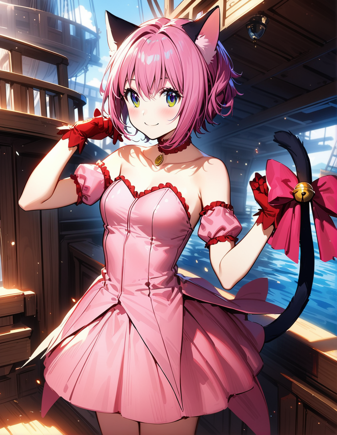 1girl, solo,<lora:sdxl-lyco-mew_ichigo-original-animagine_xl_3_1-v1:1>, mew_ichigo, tail bow, gloves, cat tail, red gloves, tail bell, choker, detached sleeves,pink dress, strapless, relaxed posture, elbows extended, standing,  ,,smile, best quality, very aesthetic, ultra-detailed, intricate details, 4k,BREAK  on a pirate ship