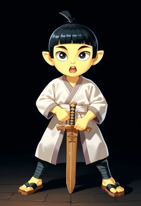 score_9, score_8_up, score_7_up, highly detailed, CuteCartoonStyle, cute, Score_9, Score_8_up, Score_7_up <lora:Young Samurai Jack:1>,youngjack, fair skin, topknot, short black hair, black eyes, male, weapon, sword, 1boy, solo, male focus, black hair, wooden sword, yellow skin, open mouth, black eyes, holding, colored skin, white kimono, full body,, front view