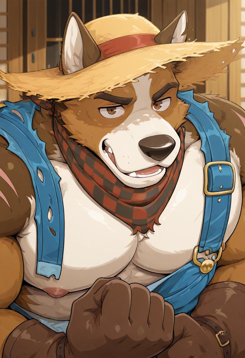 ProteoGM, solo, furry, dog man, perfect eyes, perfect face, confident, brown fur, brown eyes, muscular, bara, manly, mature, scar on arm, large pectorals, dynamic angle, face focus, portrait, torn blue overalls, denim, scarf, straw hat, brown gloves, unparalleled masterpiece, best quality, amazing quality, very aesthetic, high resolution, 4K, extremely-detailed, depth of field, high sharpness, newest, scenery, detailed fur, detailed muscles, cinematic lighting <lora:ProteoGMv1:0.9>