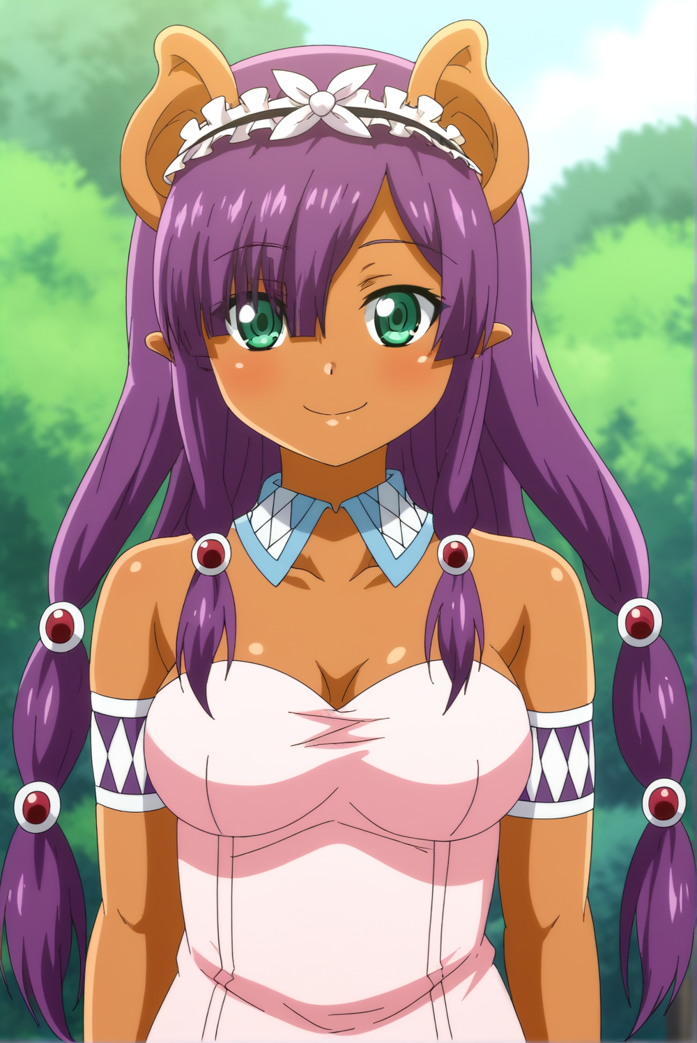 <lora:Peter_Grill_to_Kenja_no_JikanV2:0.8>, Piglette Pancetta, 1girl, solo, outdoors, upper body, smile