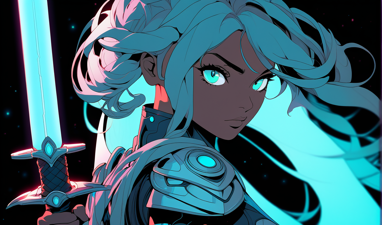 sword focus, masterpiece, best quality, 1girl, solo, futuristic, holding sword, intricate, over the shoulder, looking at viewer, black background, simple background, glow in the dark, sci-fi, multicolored hair, aqua eyes, warrior