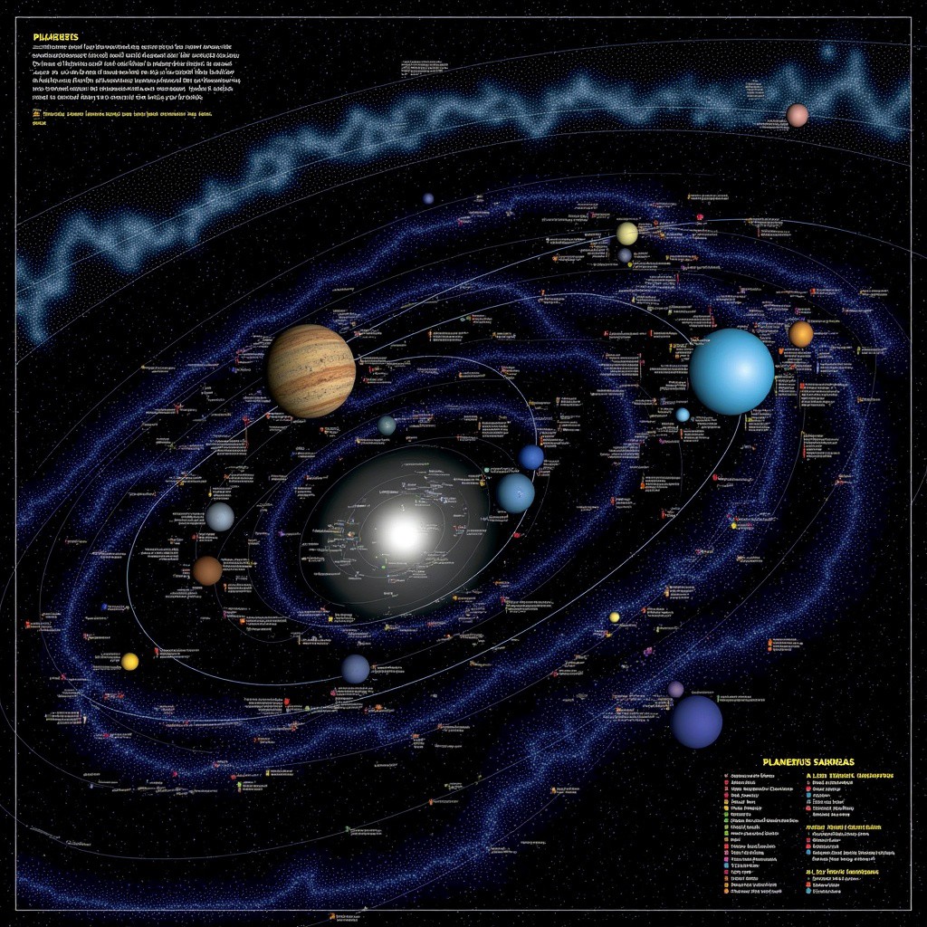 The image is a detailed, illustrated map, depicting various star systems and planets from the universe. The background is a stylized representation of the galaxy, with swirling nebulas and stars, primarily in shades of dark blue and black, creating a cosmic backdrop.   The map is filled with numerous small, color-coded points representing different star systems and planets.