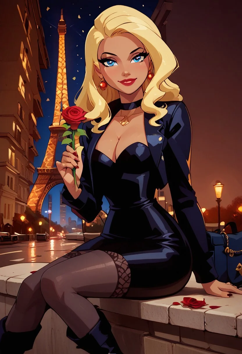 score_9, score_8_up, score_8, medium breasts, (curvy), cute, eyelashes,
rating safe,
BREAK,
zzEiffelTower in background, Black Canary, DC Comics, blonde hair, blue eyes, solo, breasts, looking at viewer, large breasts, thighhighs, dress, cleavage, jewelry, sitting, earrings, boots, bag, black dress, night, city, leather, rose, holding rose,
BREAK, blooming stars, luminescent petals, otherworldly fragrance blurry background,
BREAK,
smile, looking at viewer,
abstract background,
zPDXL, Expressiveh