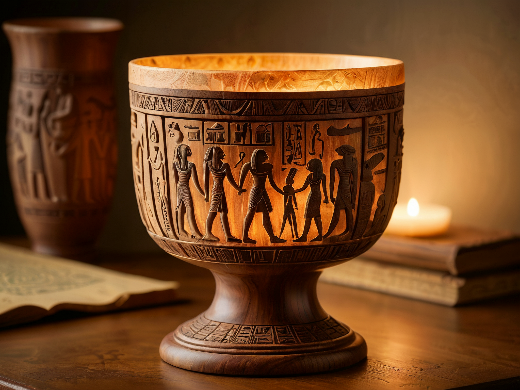 award winning photo, 

A masterpiece of artwork, the carved wooden chalice depicting scenes from ancient Egypt around the cup. (The cup glows with an ethereal light, luminous from within:1.95),