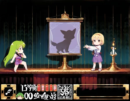(score_9,score_8_up,score_7_up,best quality,masterpiece,beautiful eye),chibi,
1girl,doll,purple skirt,<lora:dogshadowpuppet_XL_v1:0.7>,dog shadow puppet,
1boy,sasuke,goemon \(tas\),
candle,inside,shoji,fire,stage,projector screen,Status gauge,game_ui,kunai,
medium breasts,shadow puppet,own hands together,hands up,from side,looking up,blonde hair,brown eyes,bored,workplace dark,very aesthetic,absurdres,<lora:Yae-bonbon_Ver2.0_XL:0.7>,Yae-bonbon,green eyes,green hair,very long hair,large breasts,fishnets,purple short kimono,ninja,japanese clothes,fishnet bodysuit,collar,