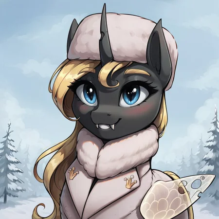 masterpiece, score_9, score_8_up, score_7_up, (best quality:1.1), ultra-detailed, high resolution, solo, Yaria, changeling queen oc, mlp, feral, black skin, long blonde mane, blonde eyebrows, (beautiful blue eyes), long eyelashes, single horn, ears, Insect wings, white winter coat, fur hat, detailed clothing, fang, highly detailed macro illustration, smiling, blushing, outside, Highly Visible, (((8k))), sharp focus, perfect lighting, anatomically correct, extremely detailed, shine on body, (Snowy wastelands), high detail, cute face, Expressiveh, detailed background, OverallDetail, zPDXL2