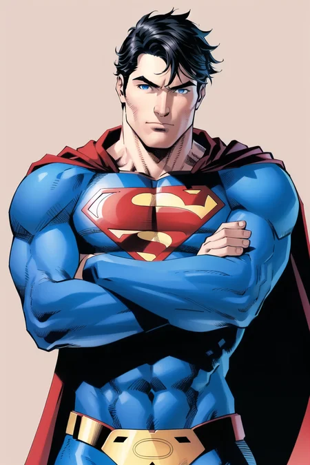 jim lee,
1boy, superman abs, bara, black hair, blue bodysuit, blue eyes, bodysuit, cape, closed mouth, crossed arms, large pectorals, male focus, muscular, muscular male, pectoral lift, pectorals, red cape, short hair, simple background, solo, superhero, upper body
, ((masterpiece))
<lora:jim_lee_offset:1>