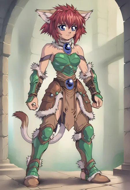 marinbravesoul, 1girl, solo, standing, blue eyes, full body shot, cat ears, cat tail, red hair, green armor, bare shoulder, brown skirt, fur chocker, indoor, fantasy towern, <lora:MarinBraveSoulV2_telr0.0003:0.9>, <lora:CALM_testXL_4image_125steps:0.75>