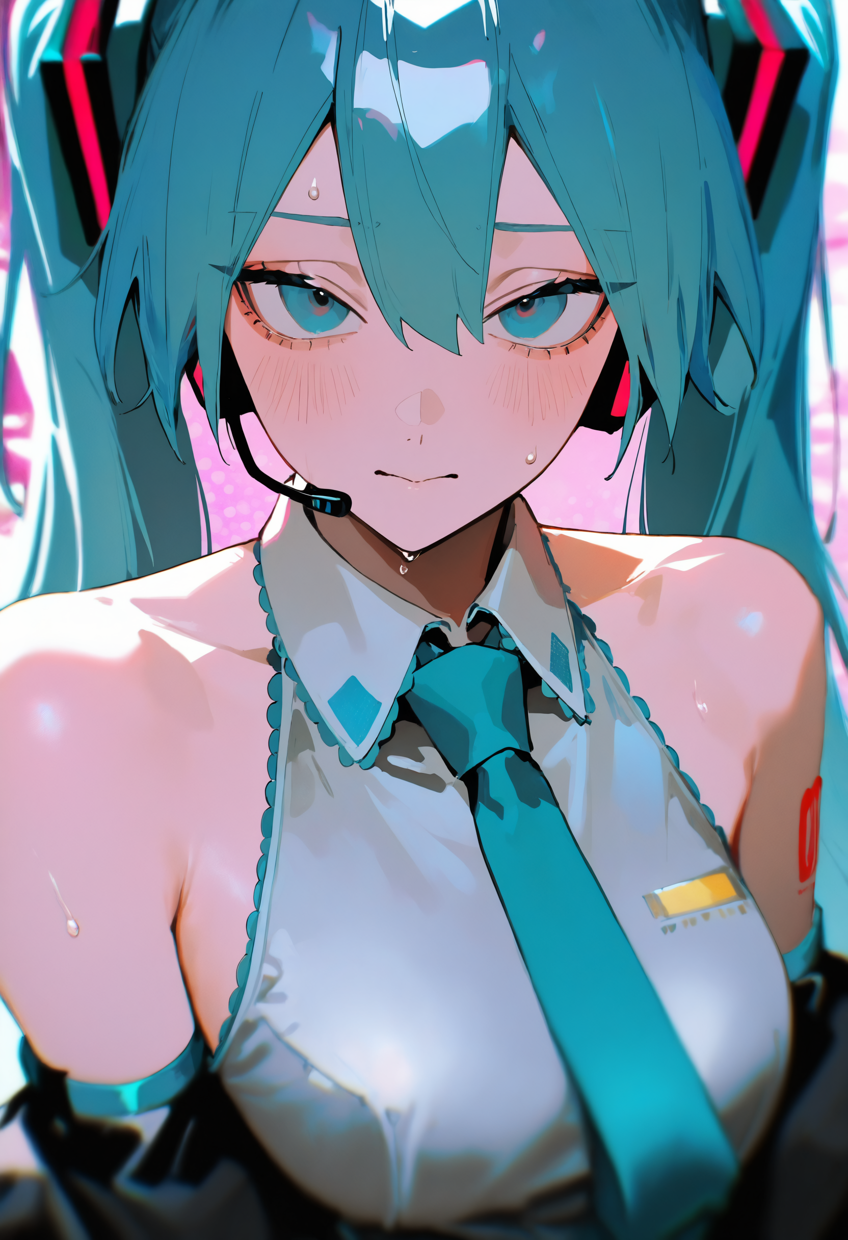 masterpiece, best quality, newest, absurdres, highres, very awa, anime screencap, film grain, painting \(medium\), ambient occlusion, depth of field, intricate background, bXVrd, hatsune miku, 1girl, solo, headset, @_@, necktie, looking at viewer, twintails, long hair, medium breasts, shirt, halftone, aqua hair, aqua necktie, hair between eyes, tattoo, number tattoo, bare shoulders, detached sleeves, closed mouth, blue necktie, blue eyes, pink background, blue hair, blush, sleeveless, white shirt, sleeveless shirt, gradient eyes, upper body, microphone, collared shirt, sweat, shoulder tattoo, hair ornament, black sleeves, close-up, halftone background, sweatdrop