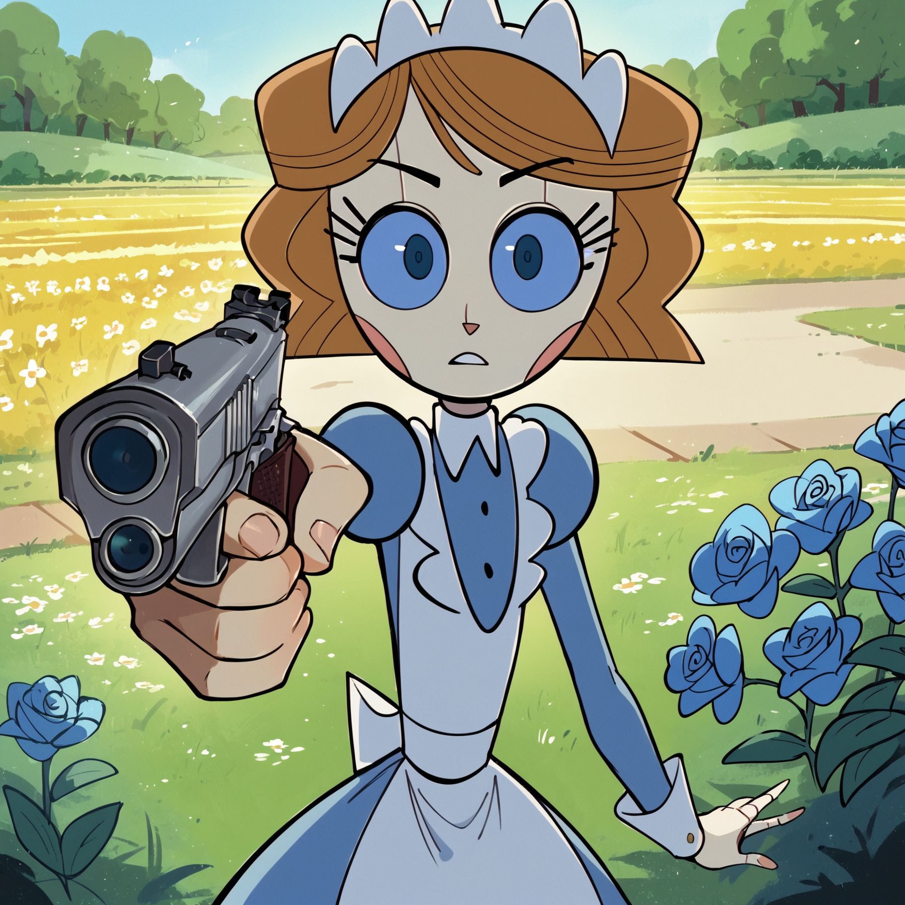 score_9_up,score_8_up,score_7_up,score_6_up,1girl,emmytr,robot,brown hair,blue eyes,maid uniform,standing in and open field with flowers,<lora:Emmy_Emmy_the_Robot_commission:1>,<lora:HandPointingAGunMeme_XLPD:0.7>,holding weapon,handgun,holding gun,aiming at viewer,revolver,finger on trigger,holding gun with two hands,