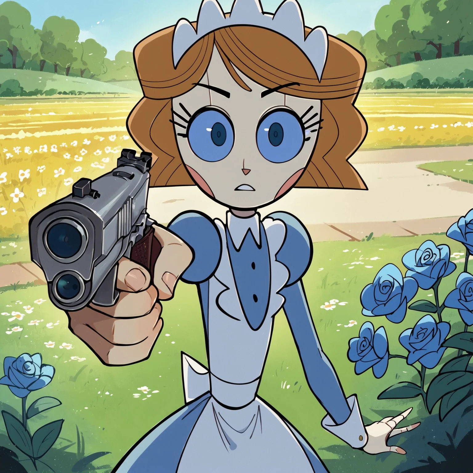 score_9_up,score_8_up,score_7_up,score_6_up,1girl,emmytr,robot,brown hair,blue eyes,maid uniform,standing in and open field with flowers,<lora:Emmy_Emmy_the_Robot_commission:1>,<lora:HandPointingAGunMeme_XLPD:0.7>,holding weapon,handgun,holding gun,aiming at viewer,revolver,finger on trigger,holding gun with two hands,